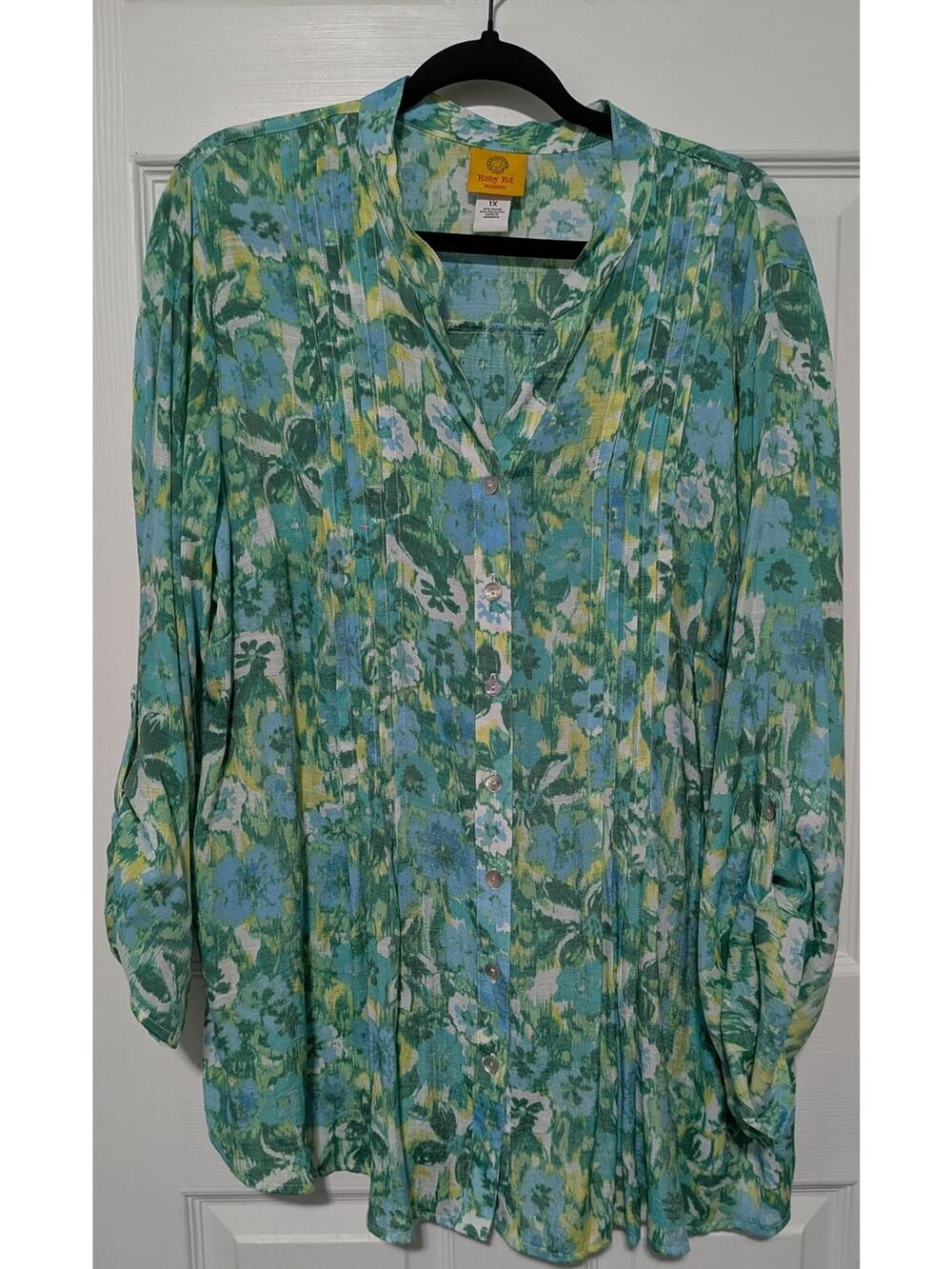 Ruby Rd. Woman Green Blue Yellow Blouse Sz 1X EUC